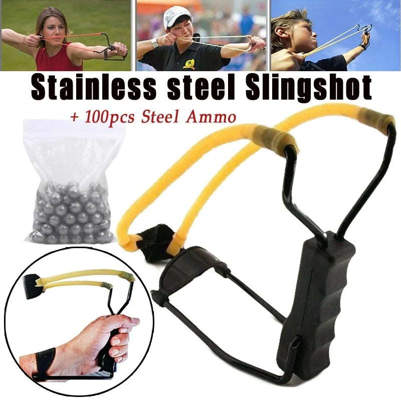 Hunting Slingshot High Quality Stainless Steel Catapult with Flat Rubber Band Outdoor Shooting Game Sling Shot Bow Arrow Tools