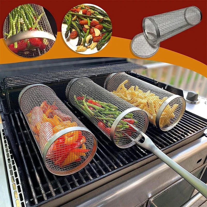 Barbecue Cages Barbecue Grill Grate Camping Picnic Cookware Outdoor Round BBQ Campfire Grill Grid Rolling Grill Basket Rack