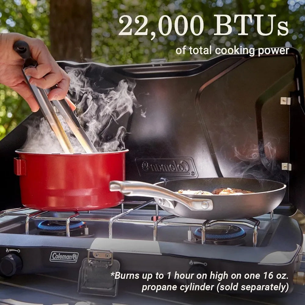 Triton+ 2-Burner Propane Camping Stove, Push-Button Instant Ignition, Portable Camp Grill, Adjustable Burners, Wind Guards