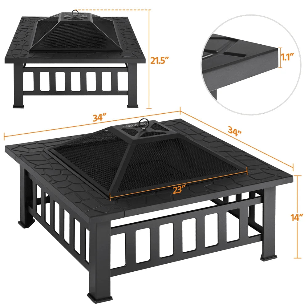 32''/34" Square Steel Fire Pit, Fire Pit Outdoor Fire Pits with Heat-Resistant Coating Outdoor Fireplace with Spark Screen Cover