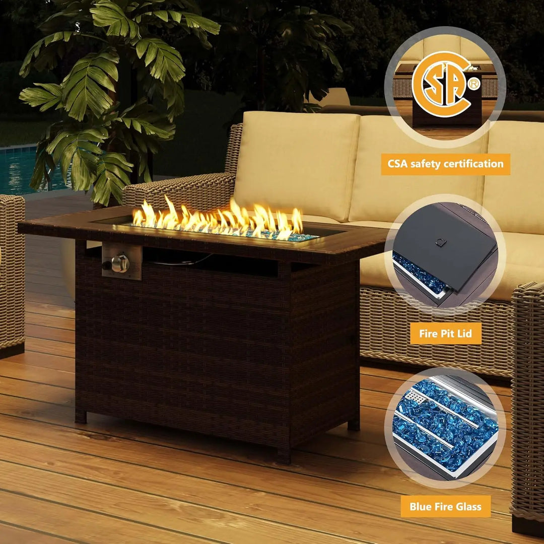 44" Propane Fire Pit with Storage 60,000 BTU Outdoor Wicker Fire Table CSA Certified Patio Rectangular Gas Fire Pit Table with