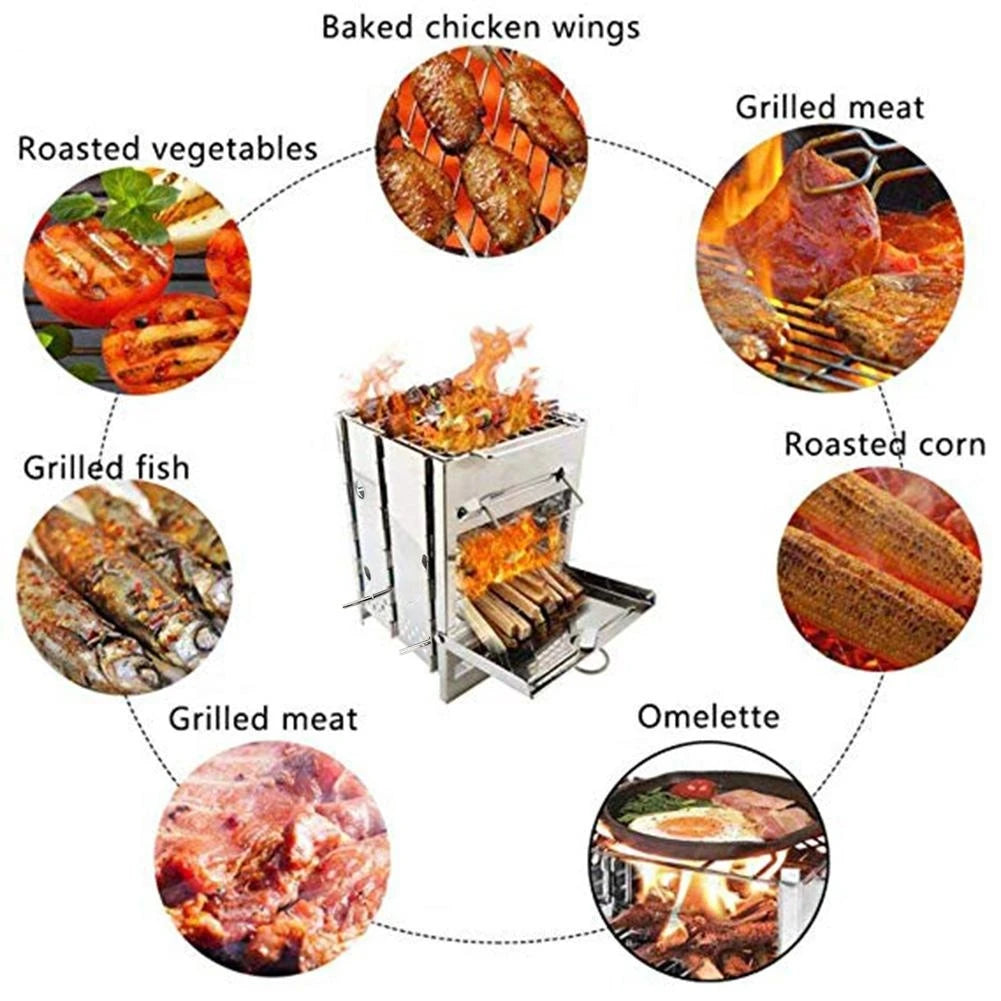 New Stainless Steel Square Wood Stove Grill Foldable Outdoor Travel Mini Charcoal Stove Portable Mini Camping BBQ Picnic Stove