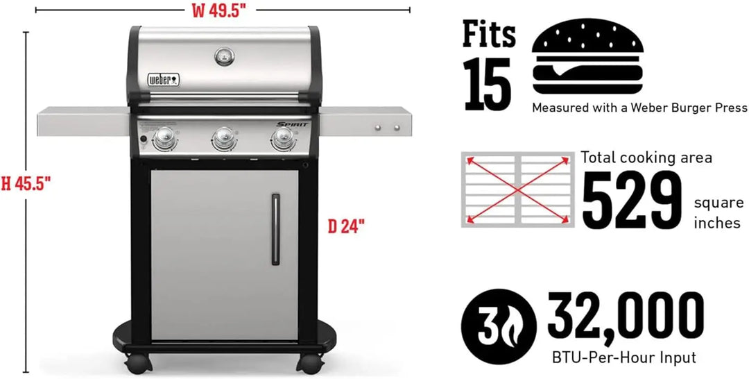 Weber Spirit S-315 Liquid Propane Gas Grill, Stainless Steel