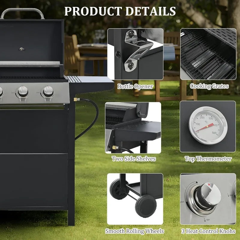 Unovivy 3-Burner Propane Gas BBQ Grill with Top Cover Lid, Wheels, and Side Storage Shelves & Built-in Thermometer, 25,650 BTU