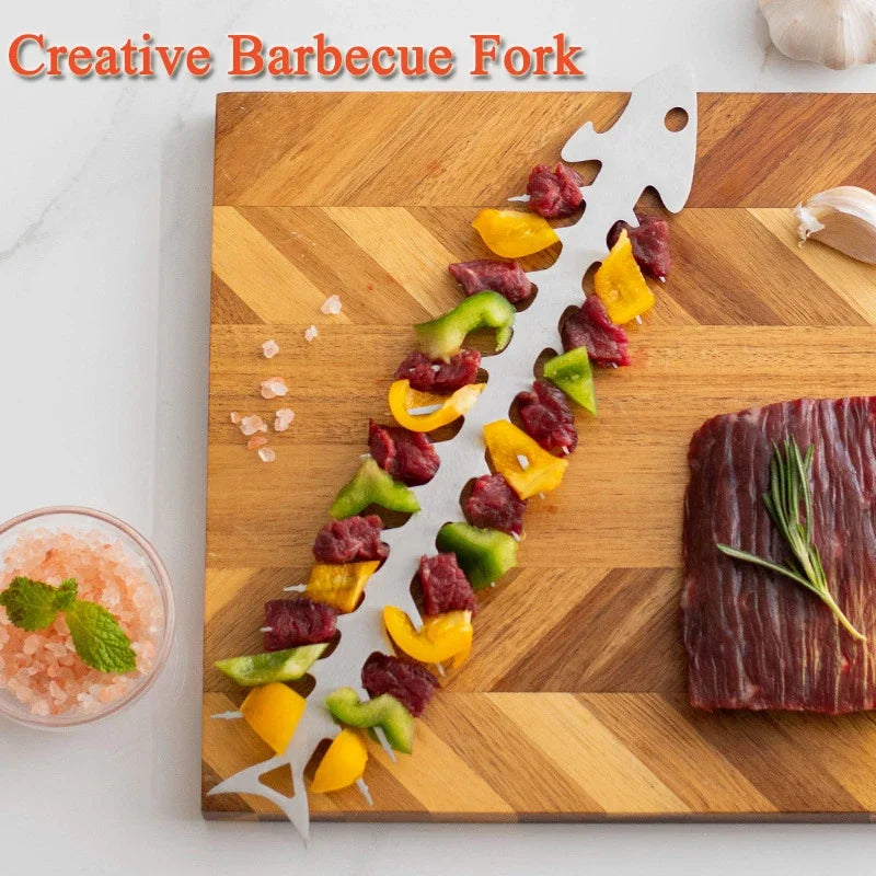 Stainless Steel Barbecue Pick Fish Bone Roasted Skewer Piercing Meat Tool Barbecue Utensils Grill Grilling Net Kitchen Tools