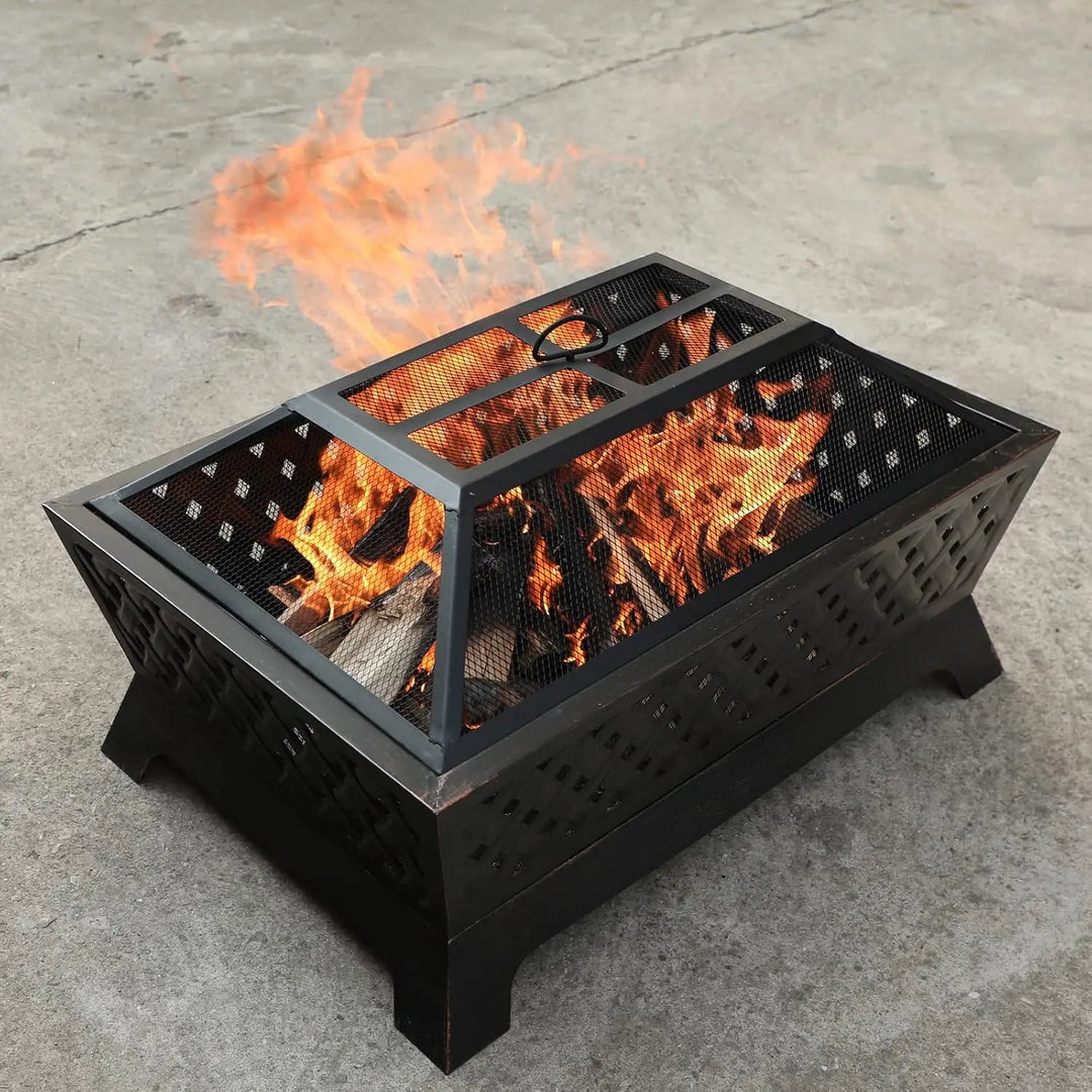 Outdoor Wood Burning Fire Pits, Rectangular Deep Bowl Large Patio Firepit with Spark Screen, Poker & Metal Grate, 34" x 26"