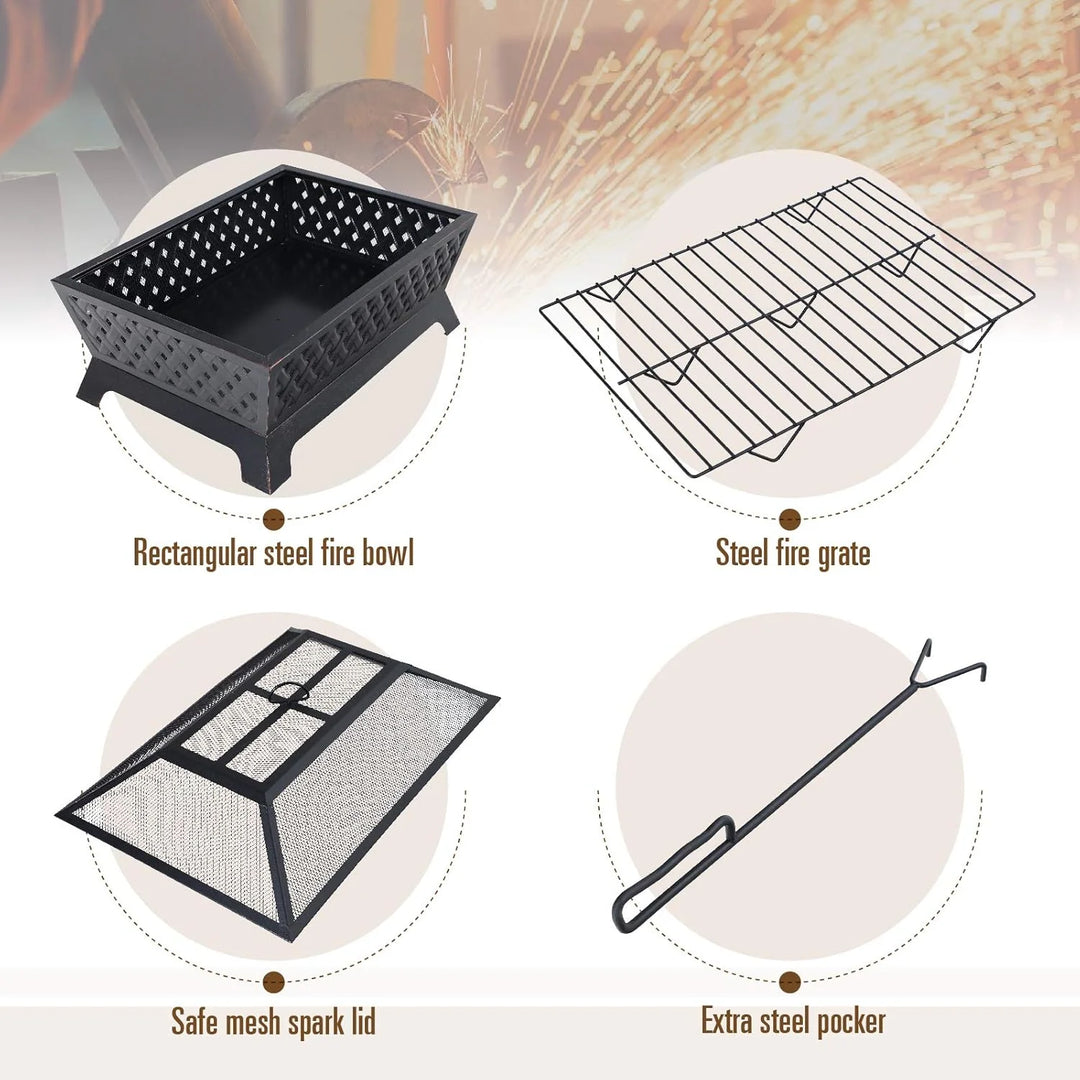 Outdoor Wood Burning Fire Pits, Rectangular Deep Bowl Large Patio Firepit with Spark Screen, Poker & Metal Grate, 34" x 26"
