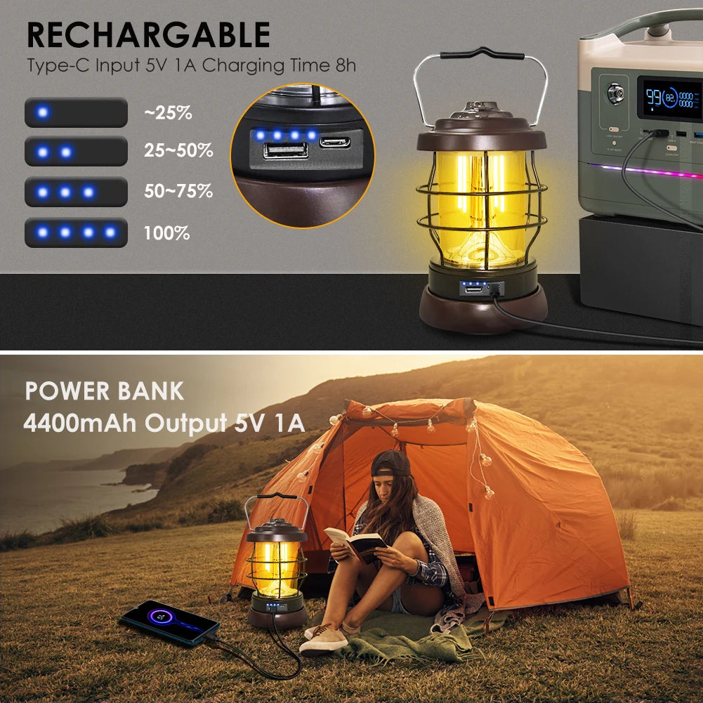 UniqueFire Retro Portable Camping Lantern USB Rechargeable Light Hanging  Outdoor Lantern Household 2 Modes Dimmable Lamp