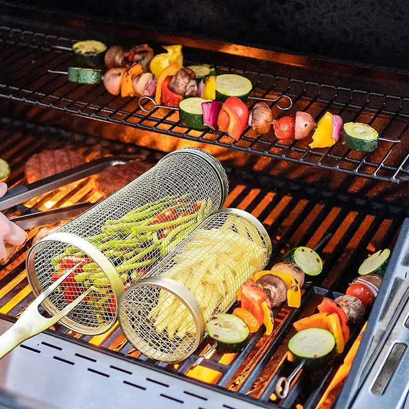 Outdoor Barbecue Grill BBQ Basket Cylinder Stainless Steel Grill Net Portable Scroll Round Barbecue Kitchen Utensils Camping Bar