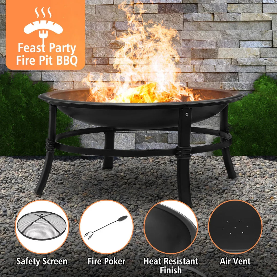 Metal Outdoor Fire Pit Wood Burning Round Backyard Patio Stove Firepit W/ Cover