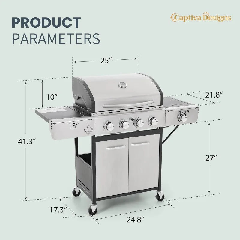 4-Burner Propane Gas BBQ Grill with Side Burner & Porcelain-Enameled Cast Iron Grates, 42,000 BTU Output Stainless Steel Grill