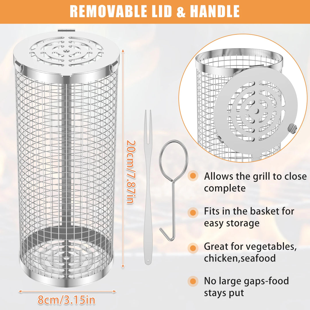 BBQ Grill Basket Stainless Steel Mesh Barbecue Rack Cylinder Washable Reusable Barbecue Grill Grate Camping Picnic Cookware