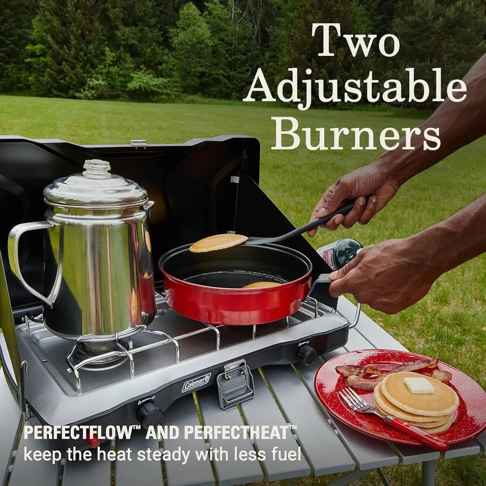 Triton+ 2-Burner Propane Camping Stove, Push-Button Instant Ignition, Portable Camp Grill, Adjustable Burners, Wind Guards