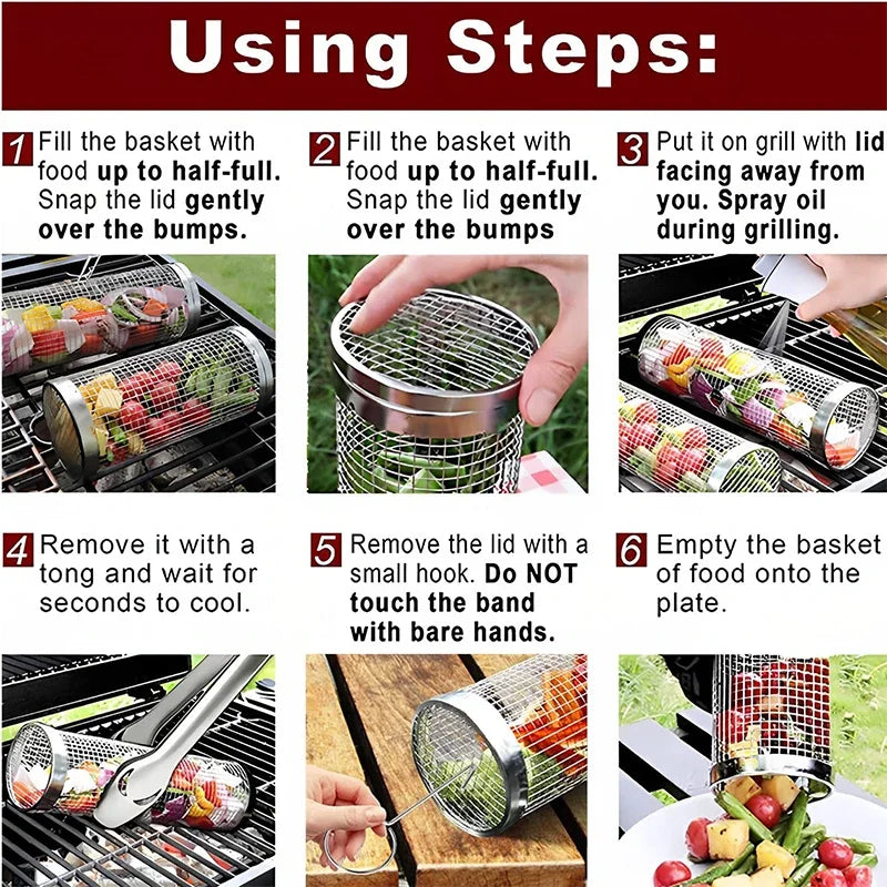 Grill Tools Non-Stick BBQ Mat, Mesh Grilling Bag, 24*14cm Long Handle, Barbecue Rack, Rolling Basket, Hot Sale, 40*33cm