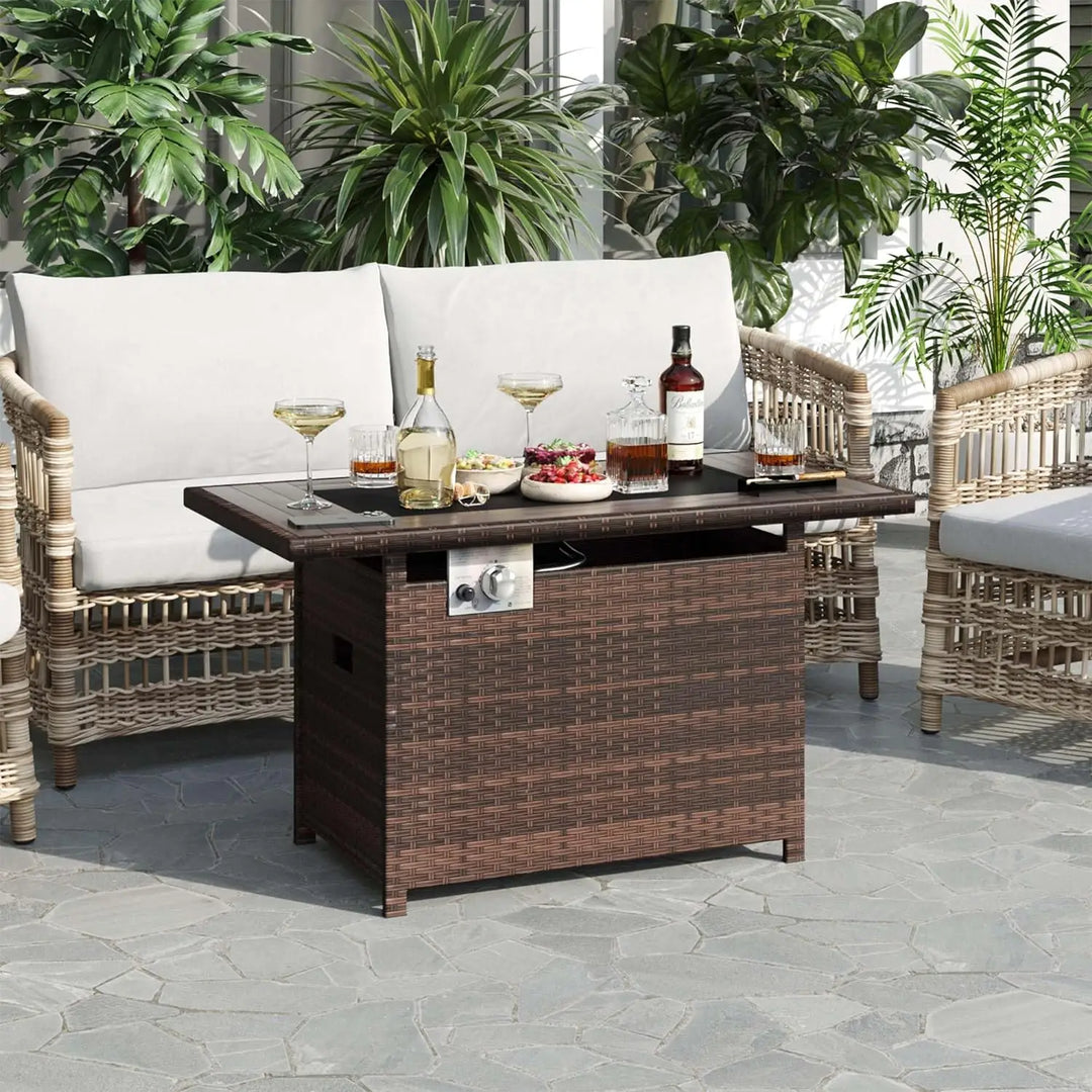 44" Propane Fire Pit with Storage 60,000 BTU Outdoor Wicker Fire Table CSA Certified Patio Rectangular Gas Fire Pit Table with
