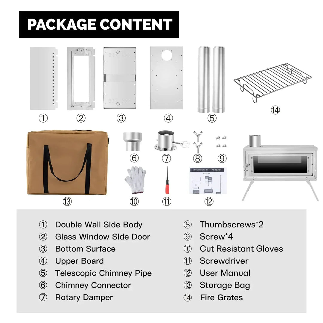 CHANGE MOORE Portable Outdoor Camping Wood Stove Barbecue Stove Grill Camping Accessories with Detachable Chimney，Fast Delivery