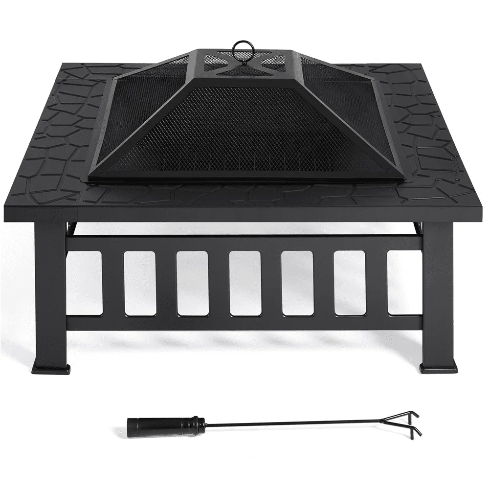 32''/34" Square Steel Fire Pit, Fire Pit Outdoor Fire Pits with Heat-Resistant Coating Outdoor Fireplace with Spark Screen Cover