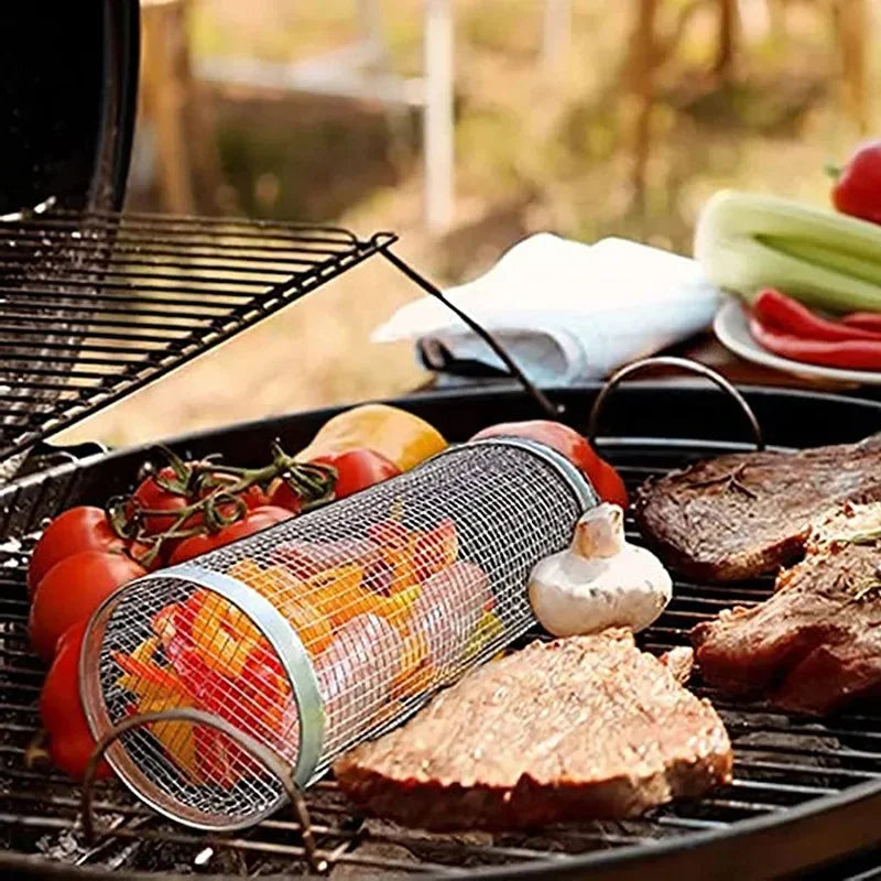 Outdoor Barbecue Grill BBQ Basket Cylinder Stainless Steel Grill Net Portable Scroll Round Barbecue Kitchen Utensils Camping Bar
