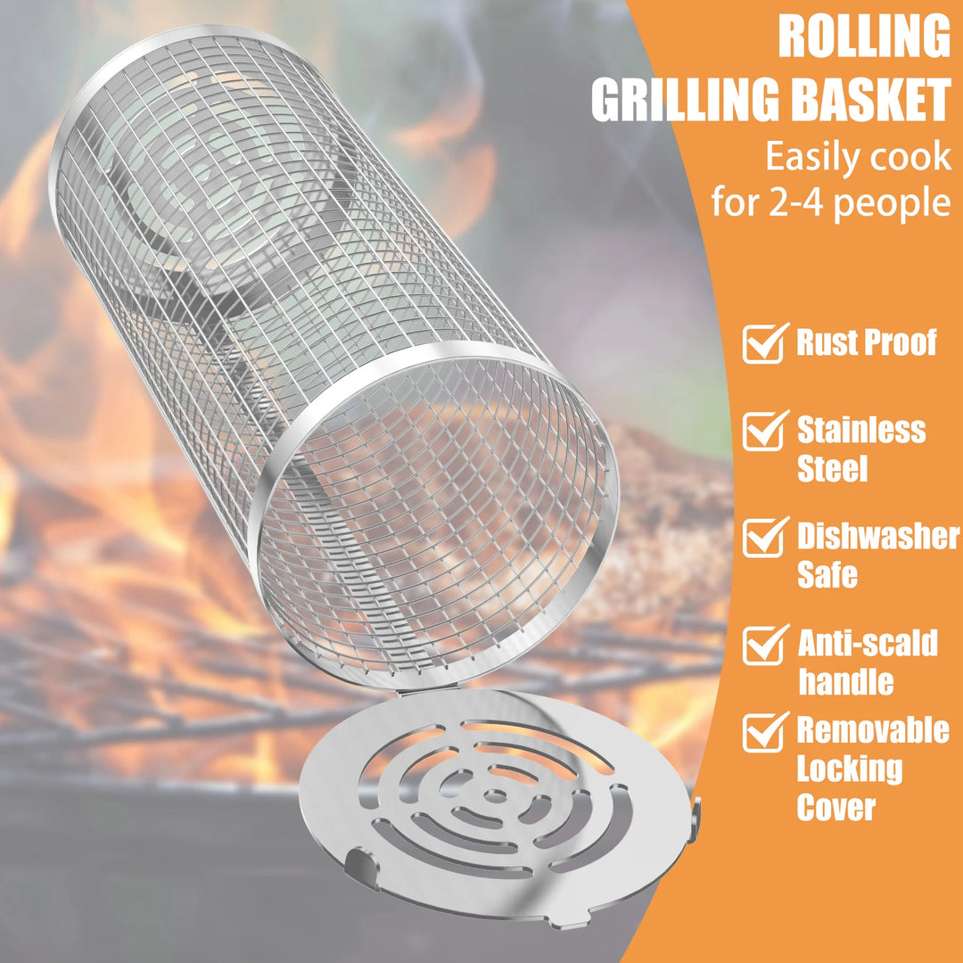 BBQ Grill Basket Stainless Steel Mesh Barbecue Rack Cylinder Washable Reusable Barbecue Grill Grate Camping Picnic Cookware