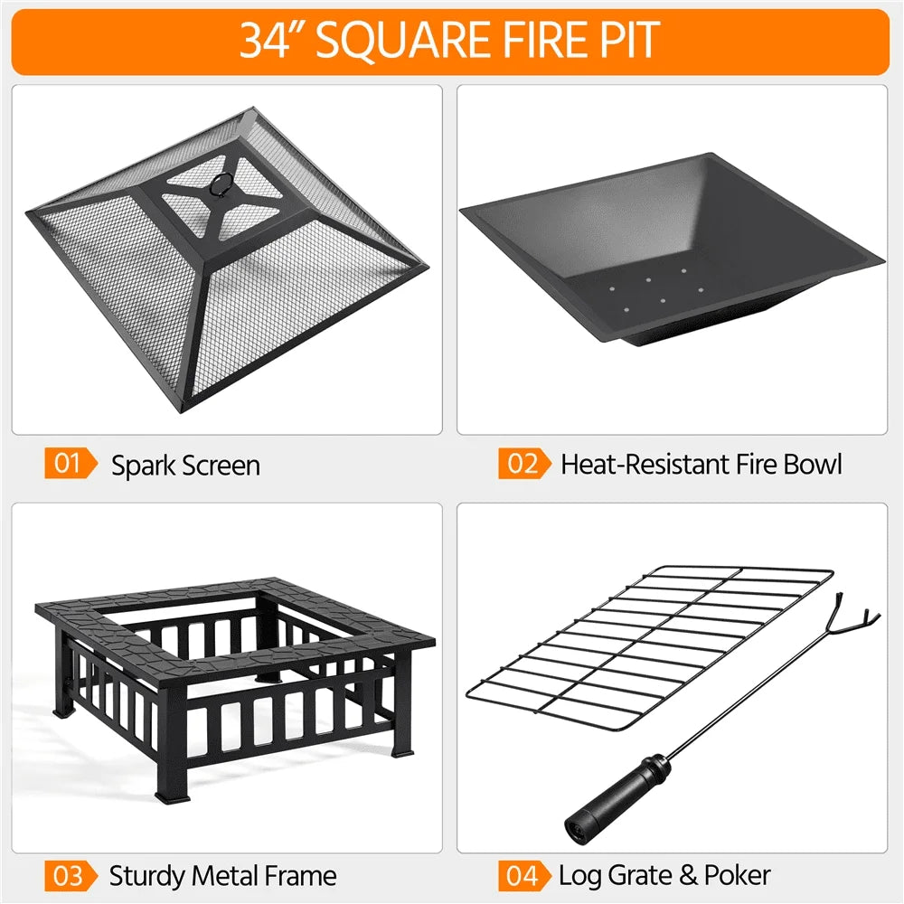 32''/34" Square Steel Fire Pit, Fire Pit Outdoor Fire Pits with Heat-Resistant Coating Outdoor Fireplace with Spark Screen Cover