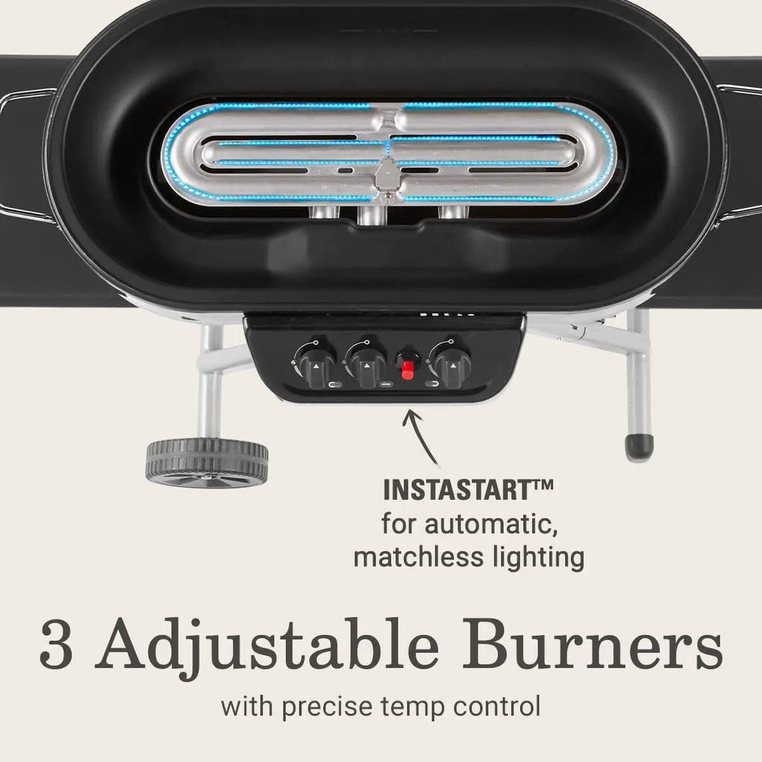 RoadTrip 285 Portable Stand-Up Propane Grill, Gas Grill with 3 Adjustable Burners & Instastart Push-Button Ignition; Great
