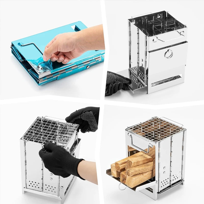 Stainless Steel Foldable Wood Stove with Mini Charcoal Grill, Lightweight Barbecue Grill for Camping, Garden, Outdoor Picnic