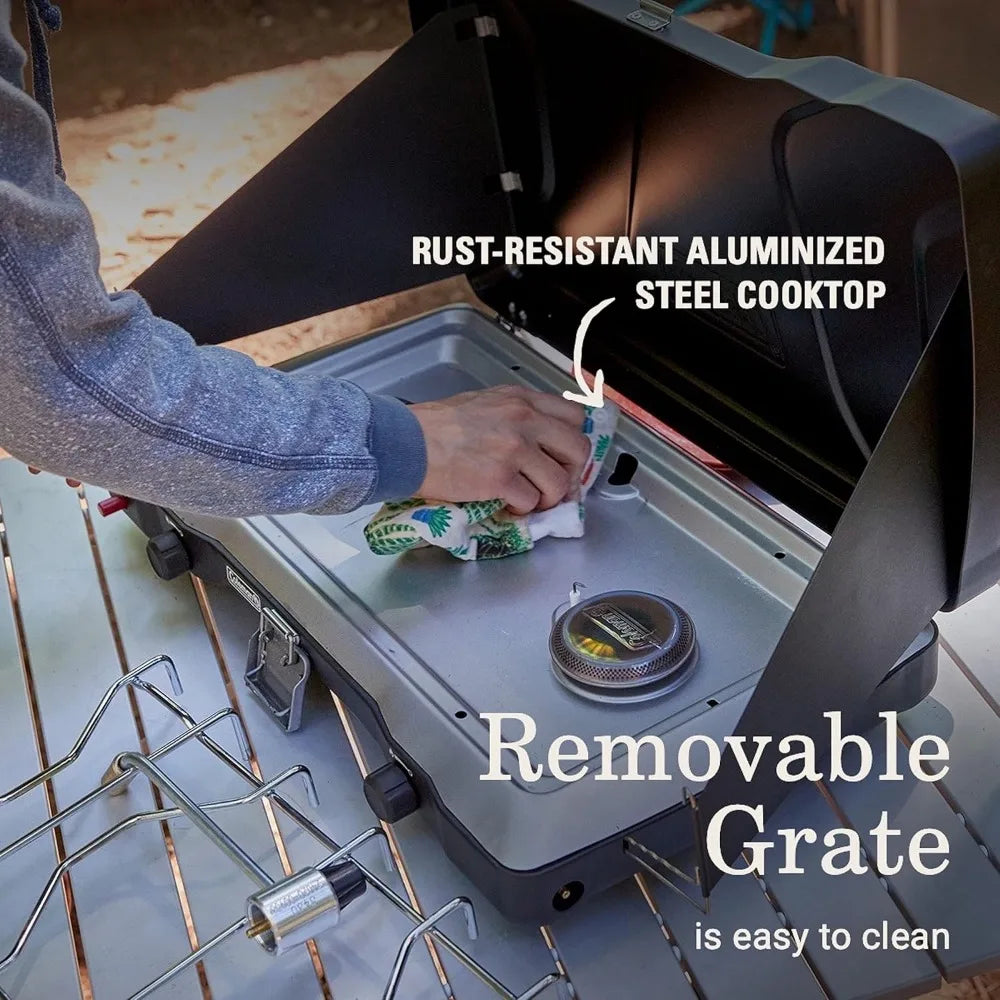 Triton+ 2-Burner Propane Camping Stove, Push-Button Instant Ignition, Portable Camp Grill, Adjustable Burners, Wind Guards