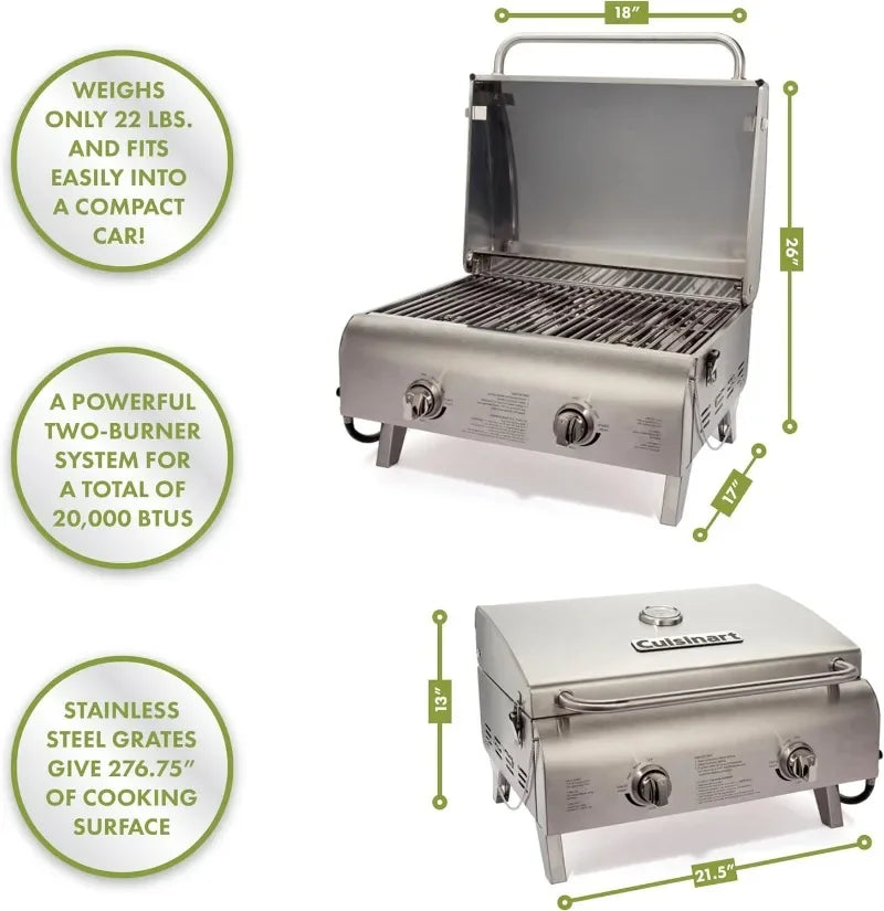 Cuisinart CGG-306 Chef's Style Portable Propane Tabletop 20,000, Professional Gas Grill, Two 10,000 BTU Burners, Stainless Steel
