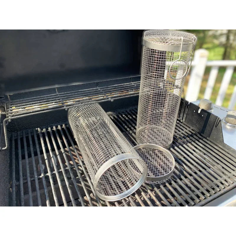 Barbecue Cages Barbecue Grill Grate Camping Picnic Cookware Outdoor Round BBQ Campfire Grill Grid Rolling Grill Basket Rack
