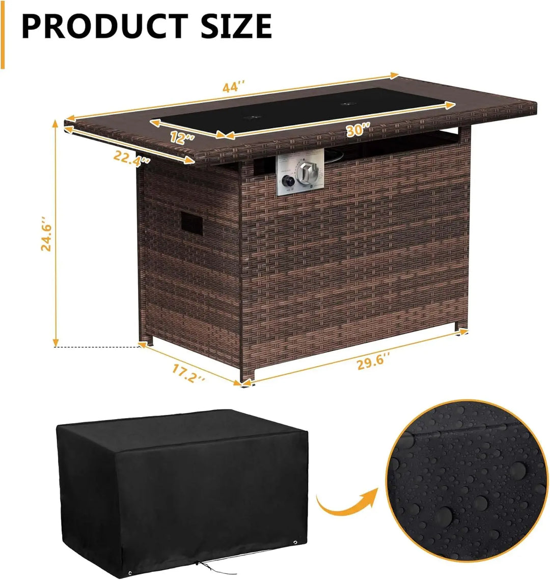 44" Propane Fire Pit with Storage 60,000 BTU Outdoor Wicker Fire Table CSA Certified Patio Rectangular Gas Fire Pit Table with