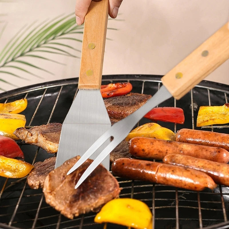 BBQ Tool Set Grilling Tool Spatulas, Fork, Tongs Grills Utensils with Wooden Handle NonSlip Grilling Accessories Drop Shipping