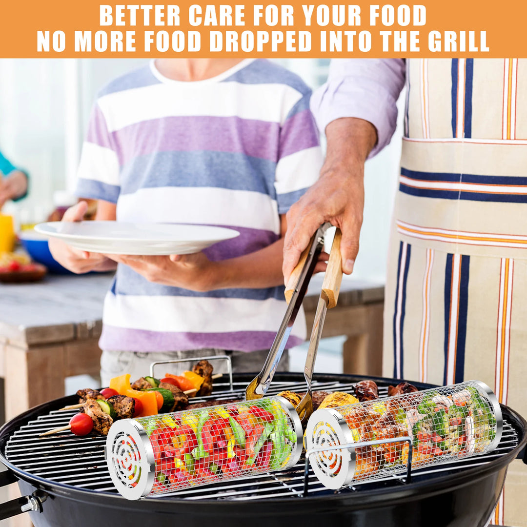 BBQ Grill Basket Stainless Steel Mesh Barbecue Rack Cylinder Washable Reusable Barbecue Grill Grate Camping Picnic Cookware