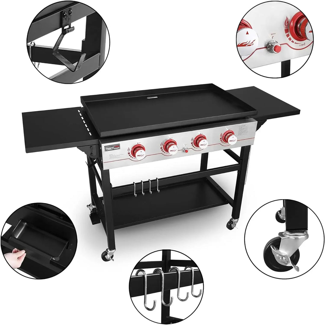 GB4000 36-inch 4-Burner Flat Top Propane Gas Grill Griddle for BBQ, Camping, Red