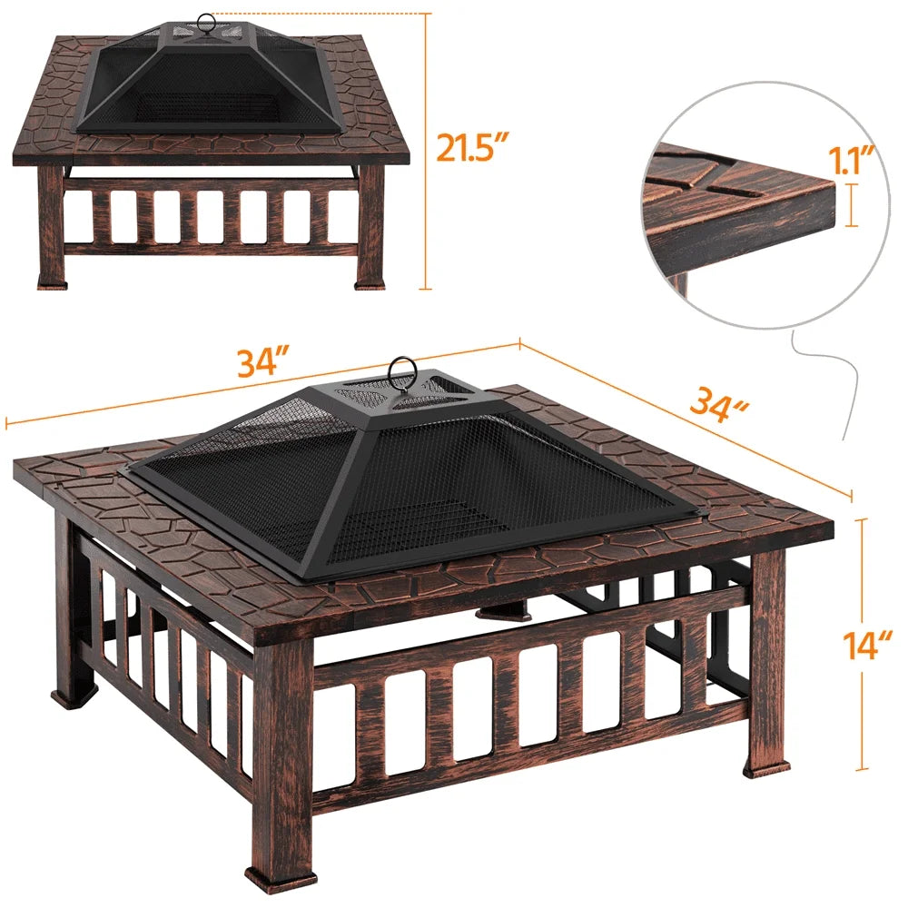 32''/34" Square Steel Fire Pit, Fire Pit Outdoor Fire Pits with Heat-Resistant Coating Outdoor Fireplace with Spark Screen Cover