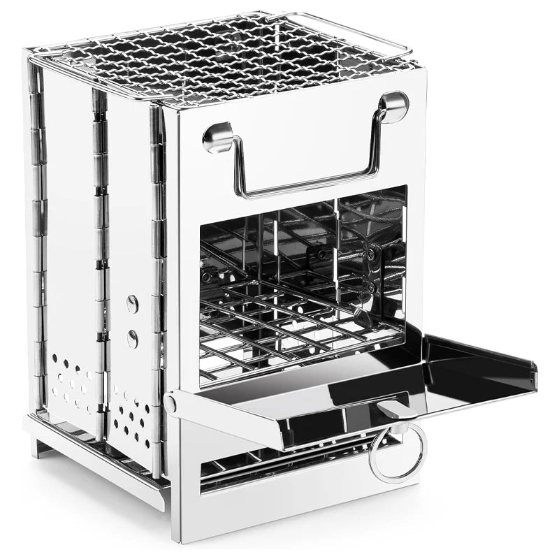 Stainless Steel Foldable Wood Stove with Mini Charcoal Grill, Lightweight Barbecue Grill for Camping, Garden, Outdoor Picnic