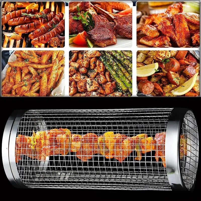 Outdoor Barbecue Grill BBQ Basket Cylinder Stainless Steel Grill Net Portable Scroll Round Barbecue Kitchen Utensils Camping Bar