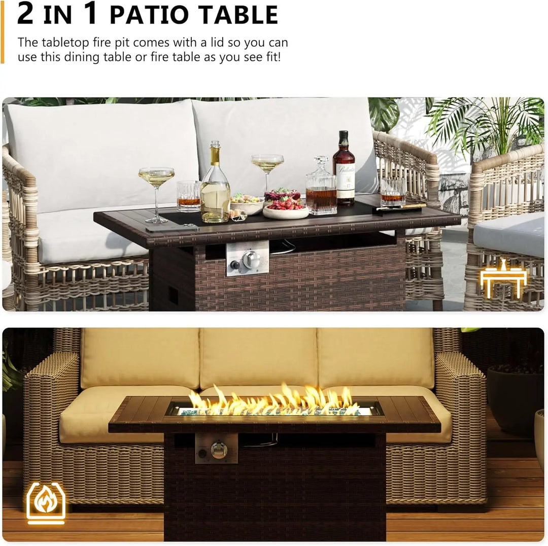 44" Propane Fire Pit with Storage 60,000 BTU Outdoor Wicker Fire Table CSA Certified Patio Rectangular Gas Fire Pit Table with