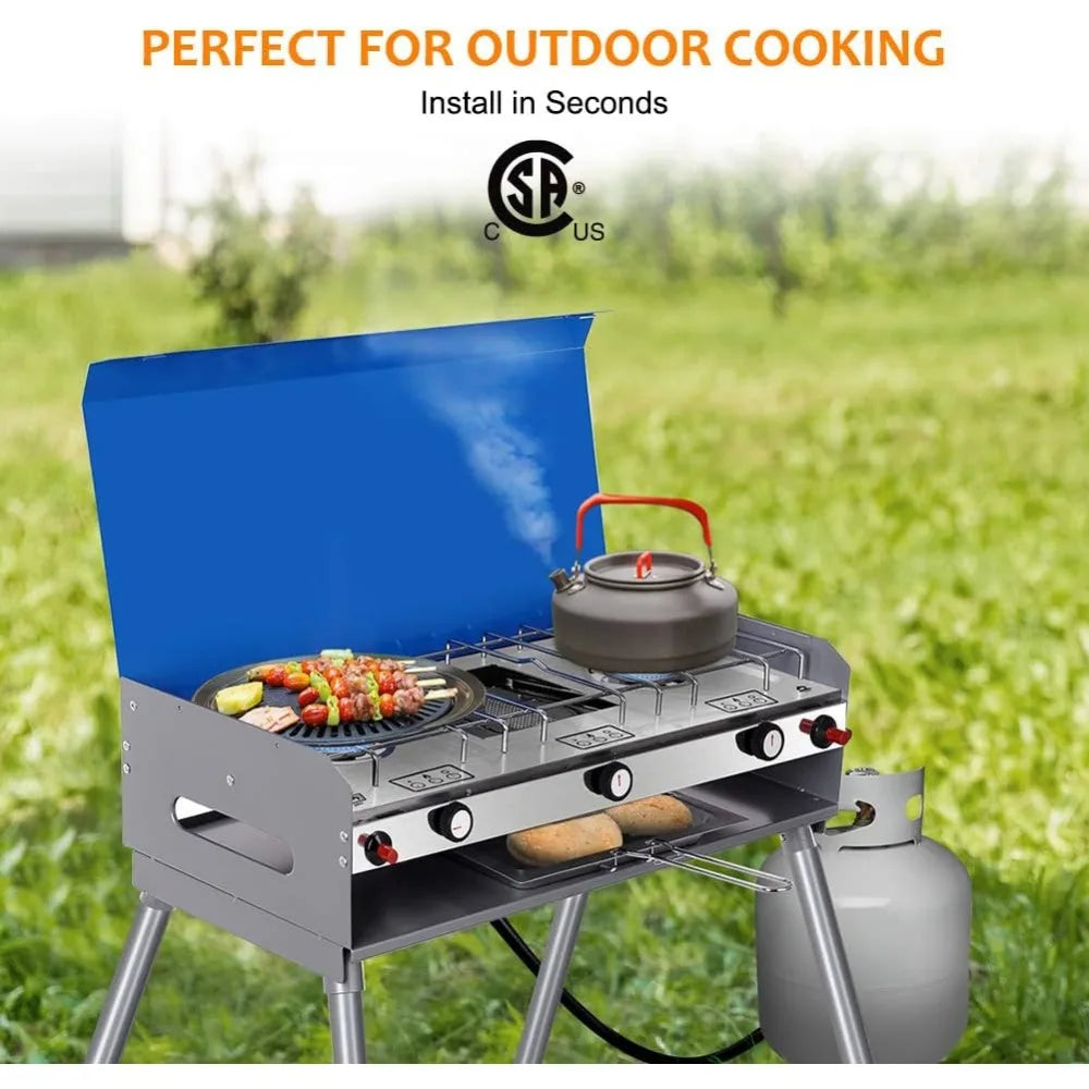 Propane Camping Stove 2 Burners & 1 Grill, Portable Outdoor Gas Stove, Auto-Ignition Camping Stove with Regulator, Total Power