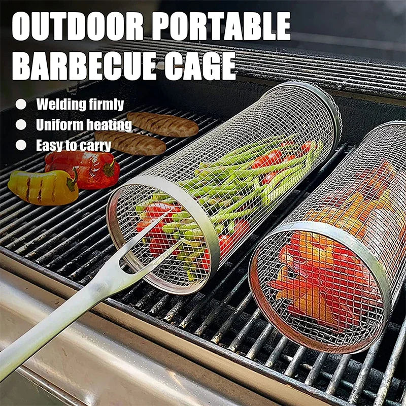 Grill Tools Non-Stick BBQ Mat, Mesh Grilling Bag, 24*14cm Long Handle, Barbecue Rack, Rolling Basket, Hot Sale, 40*33cm