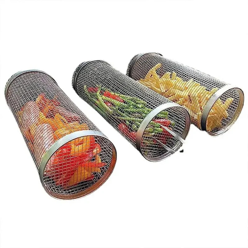 Outdoor Barbecue Grill BBQ Basket Cylinder Stainless Steel Grill Net Portable Scroll Round Barbecue Kitchen Utensils Camping Bar