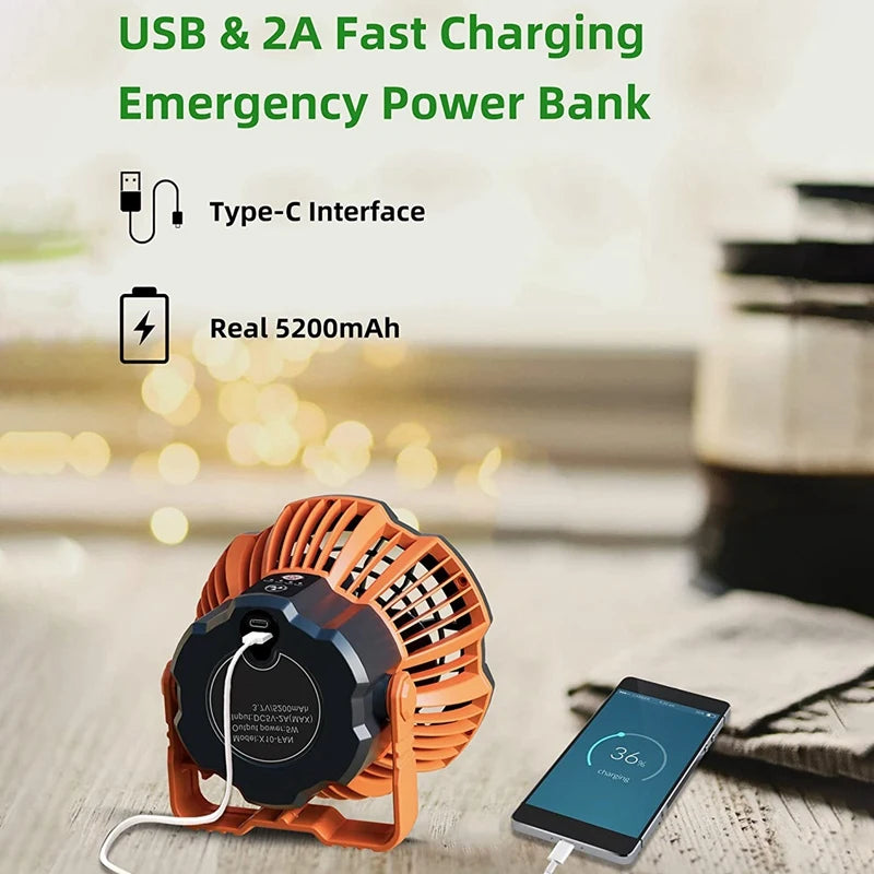 Camping Fan With LED Lantern, 25 Hours Portable Battery Operated Fan With Hang Hook, Rechargeable Outdoor Tent Fan