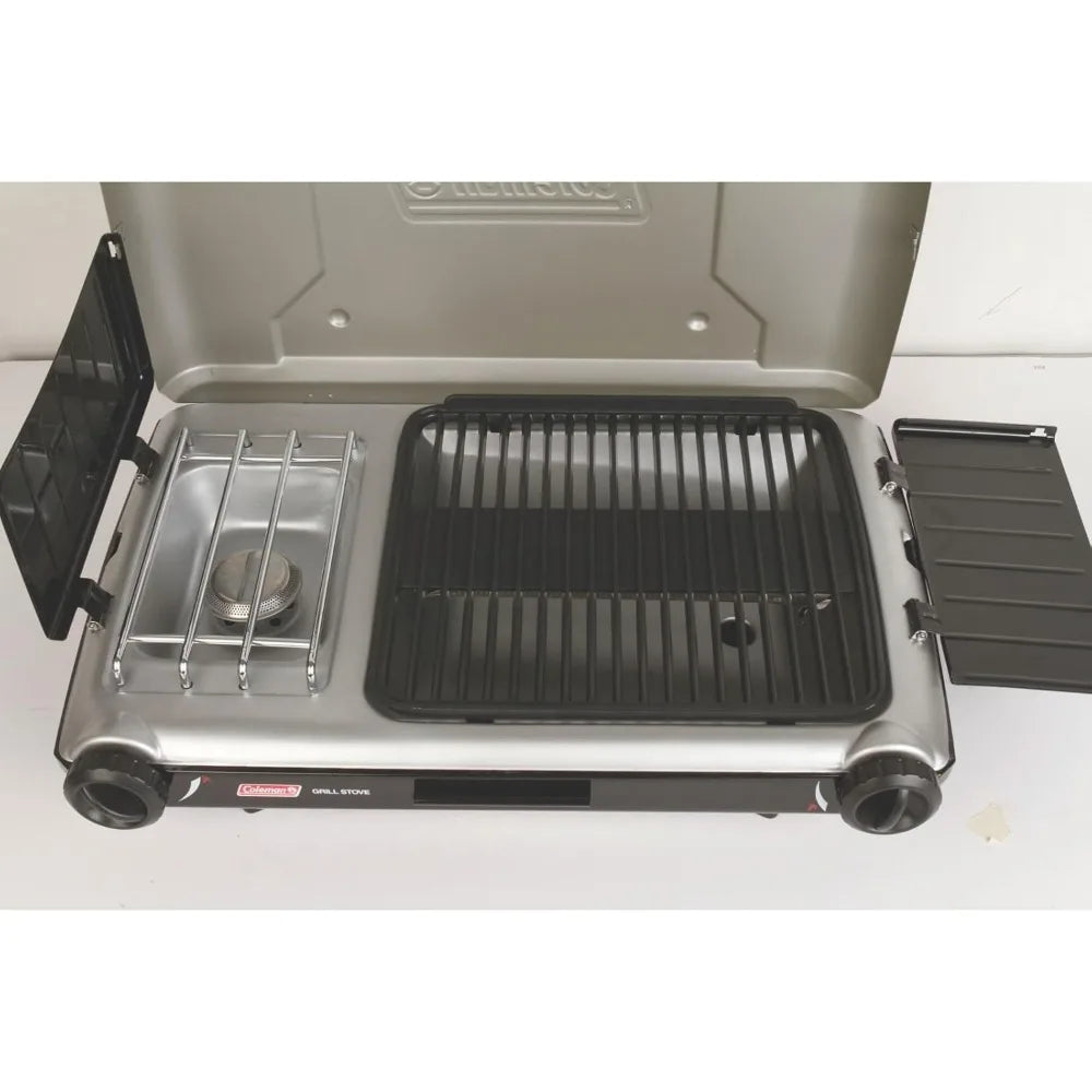 Classic 2-in-1 Camping Grill/Stove with 2 Adjustable Burners, Propane Grill/Stove with Push-Button Starter, Wind Guards