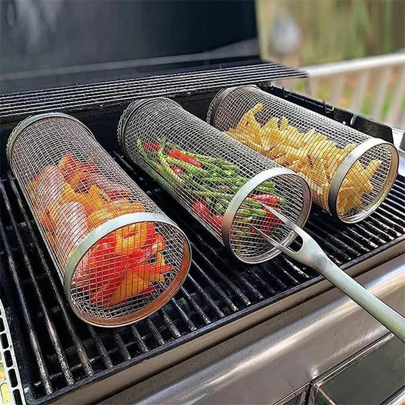Outdoor Barbecue Grill BBQ Basket Cylinder Stainless Steel Grill Net Portable Scroll Round Barbecue Kitchen Utensils Camping Bar