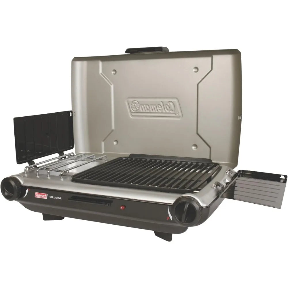 Classic 2-in-1 Camping Grill/Stove with 2 Adjustable Burners, Propane Grill/Stove with Push-Button Starter, Wind Guards