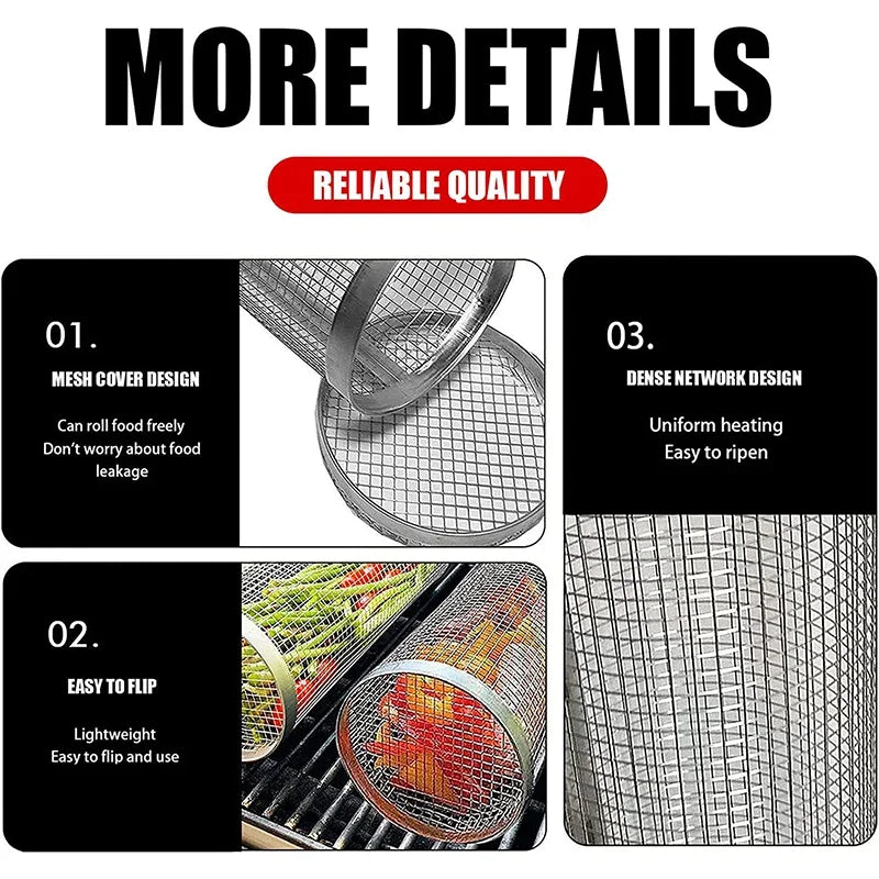 Grill Tools Non-Stick BBQ Mat, Mesh Grilling Bag, 24*14cm Long Handle, Barbecue Rack, Rolling Basket, Hot Sale, 40*33cm