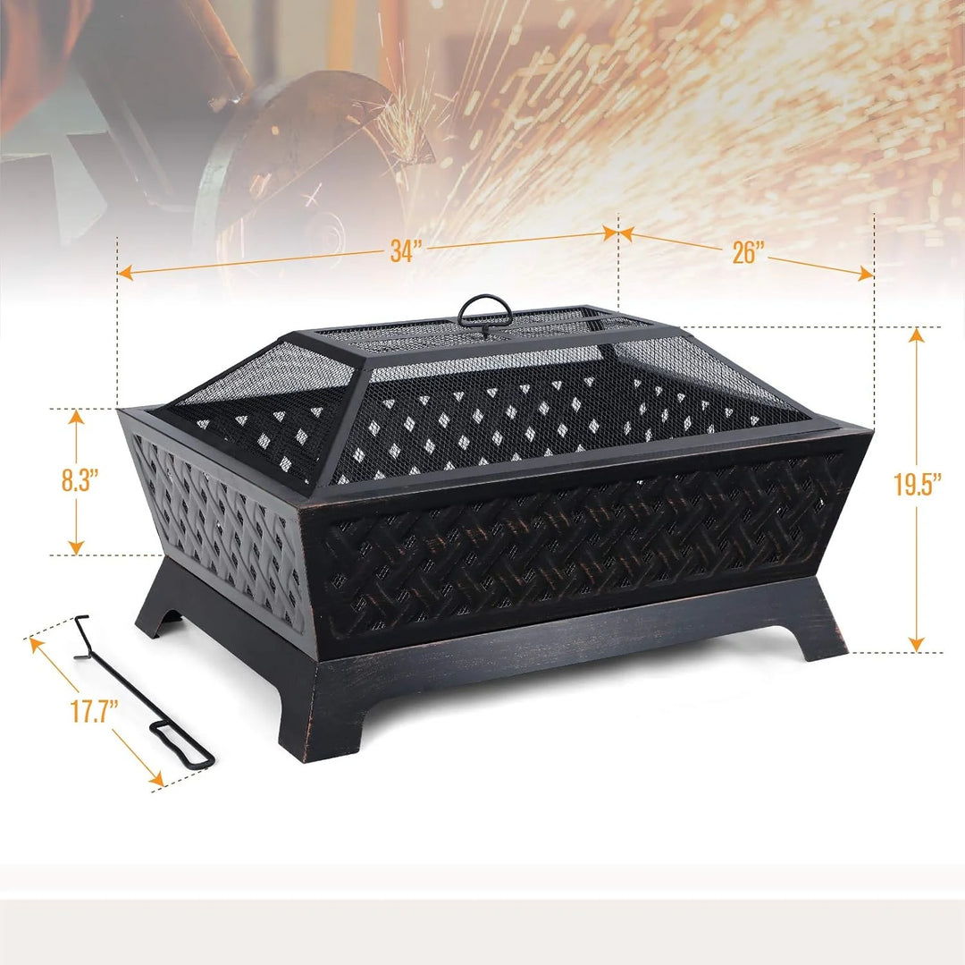 Outdoor Wood Burning Fire Pits, Rectangular Deep Bowl Large Patio Firepit with Spark Screen, Poker & Metal Grate, 34" x 26"