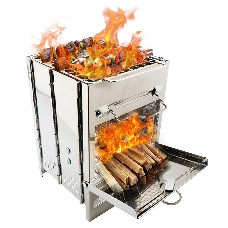 New Stainless Steel Square Wood Stove Grill Foldable Outdoor Travel Mini Charcoal Stove Portable Mini Camping BBQ Picnic Stove