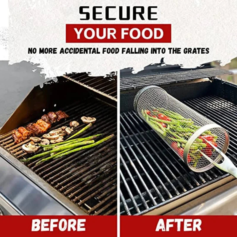 Barbecue Cages Barbecue Grill Grate Camping Picnic Cookware Outdoor Round BBQ Campfire Grill Grid Rolling Grill Basket Rack