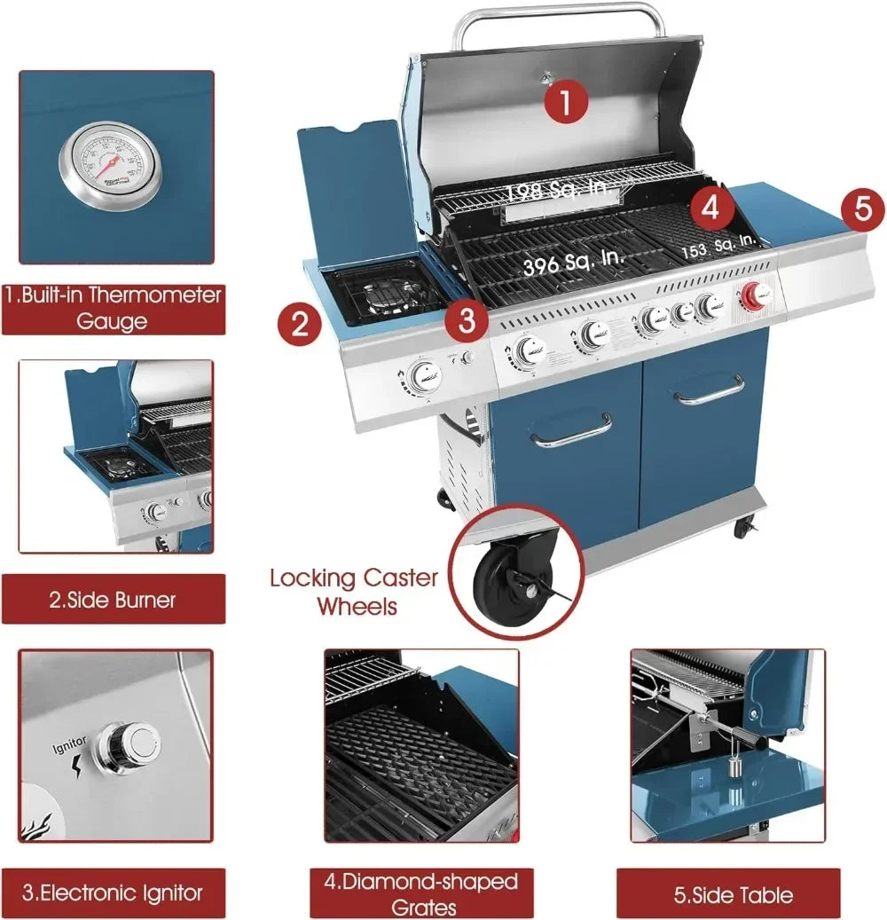 5-Burner BBQ Cabinet Style Propane Gas Grill with Rotisserie Kit, Sear Burner, Rear Burner and Side Burner, 74,000 BTU