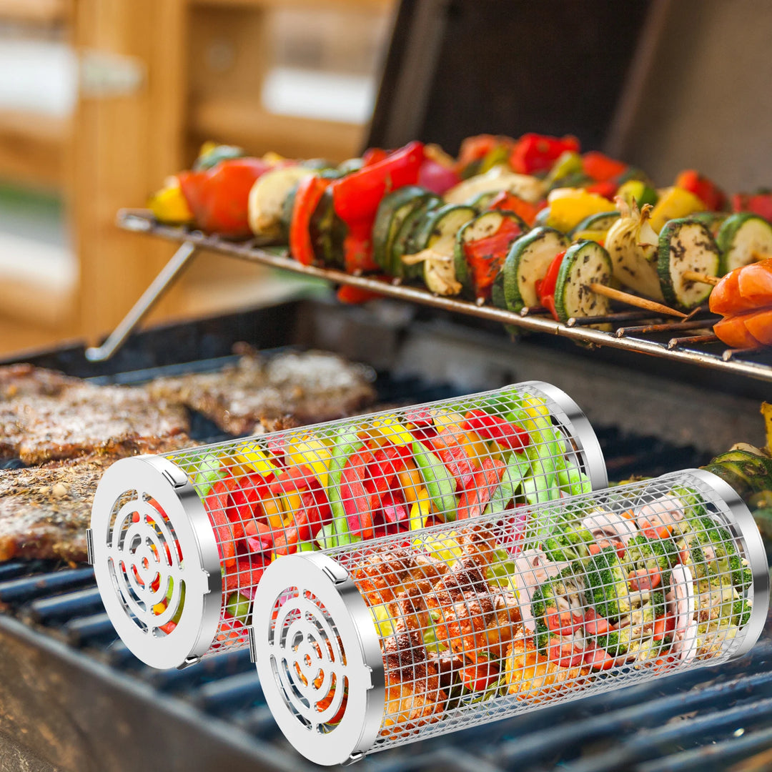 BBQ Grill Basket Stainless Steel Mesh Barbecue Rack Cylinder Washable Reusable Barbecue Grill Grate Camping Picnic Cookware